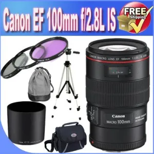 Canon EF 100mm f/2.8LMacro is USM Lens for Canon SLR Cameras   67mm 3 Piece Professional Filter Kit   Professional Full Size Tripod   Lens & Camera Cleaning Kit   Deluxe SLR Camera Case W/Strap!!