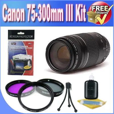 Canon EF 75-300mm f/4-5.6 III Telephoto Zoom Lens for Canon SLR Cameras   3 Piece Professional Filter Kit   Accessory Saver Bundle