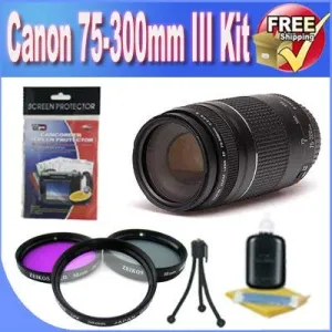 Canon EF 75-300mm f/4-5.6 III Telephoto Zoom Lens for Canon SLR Cameras   3 Piece Professional Filter Kit   Accessory Saver Bundle