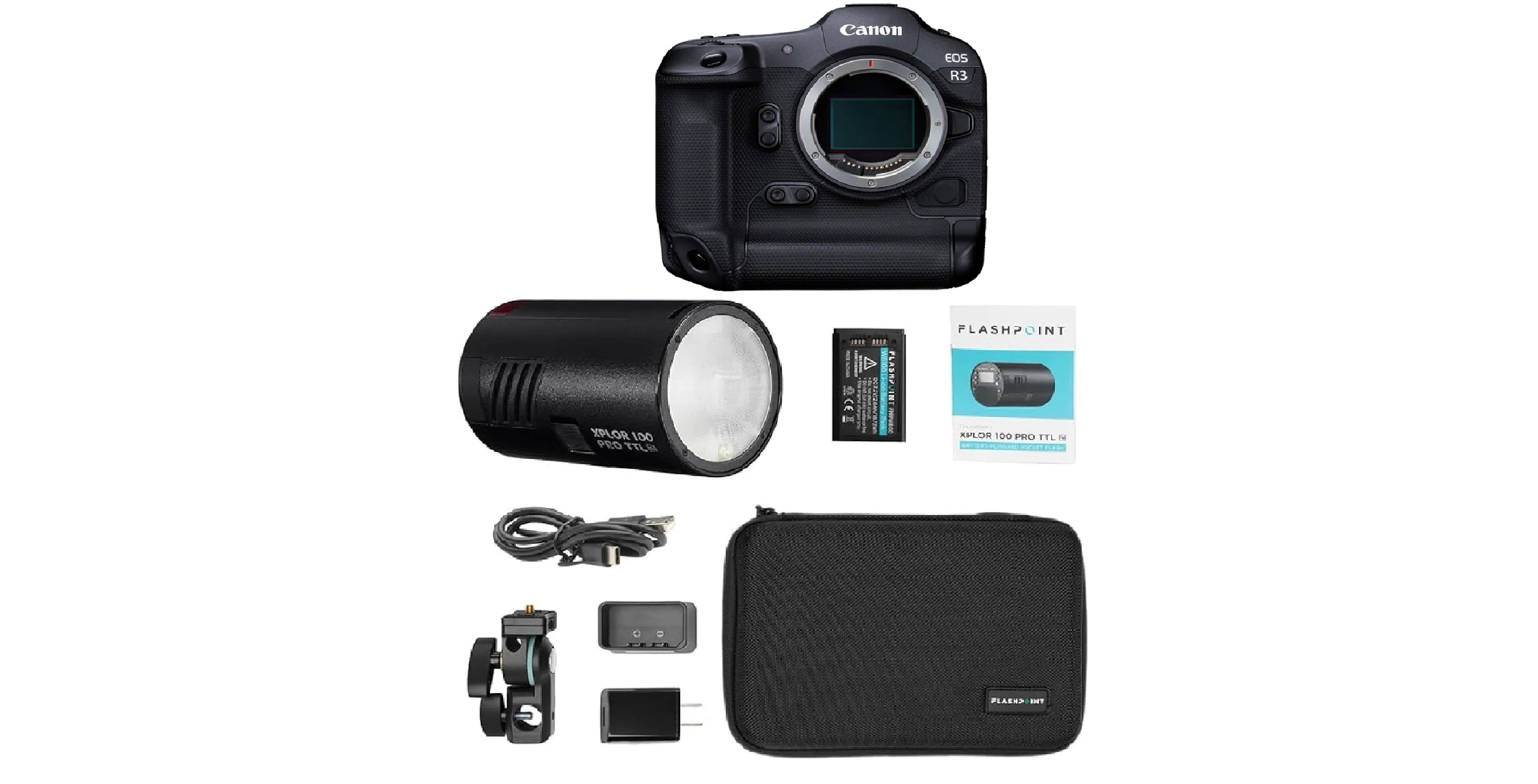 Canon EOS R3 Mirrorless Camera & Flashpoint XPLOR 100 Pro, Mono light- Portable Light Bundle