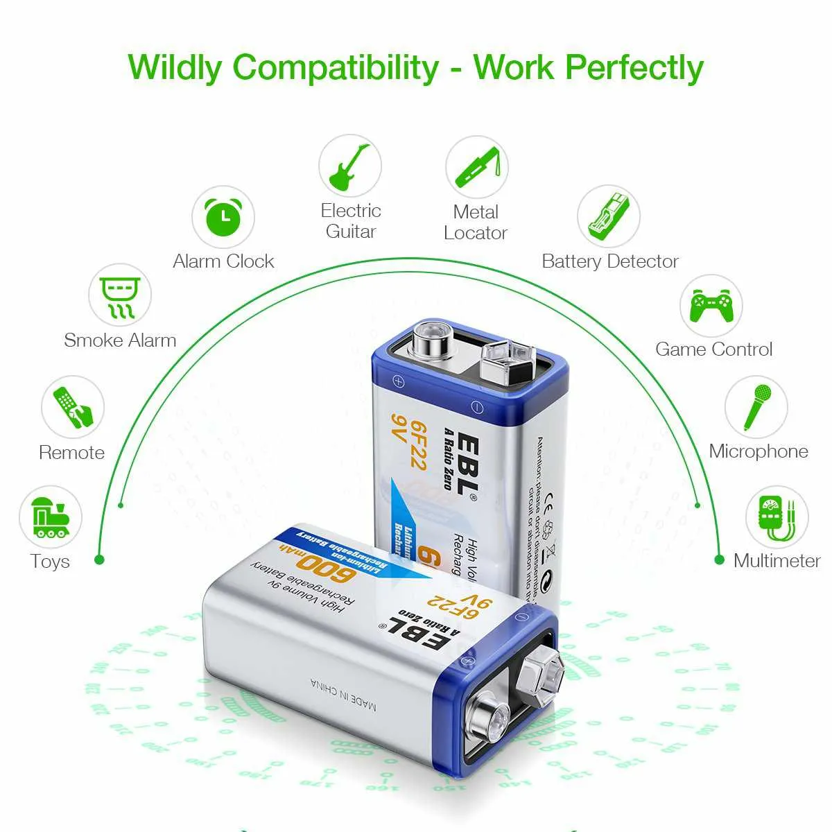 EBL 9V Li-ion Rechargeable Batteries 600mAh