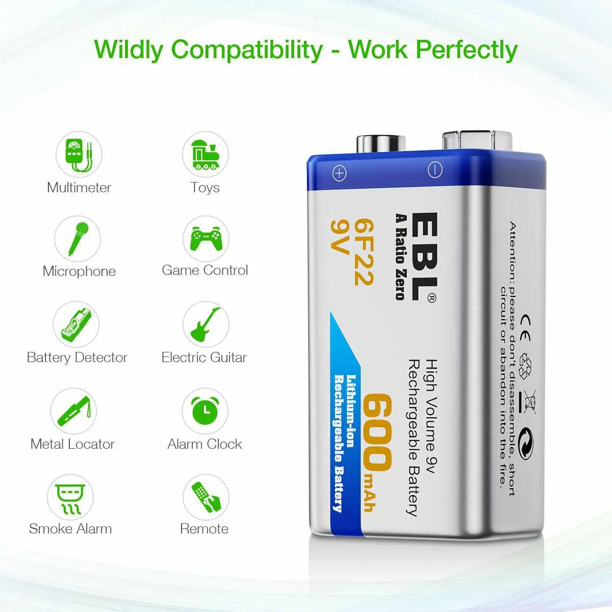 EBL 9V Li-ion Rechargeable Batteries 600mAh