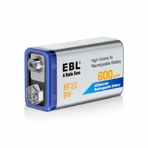 EBL 9V Li-ion Rechargeable Batteries 600mAh