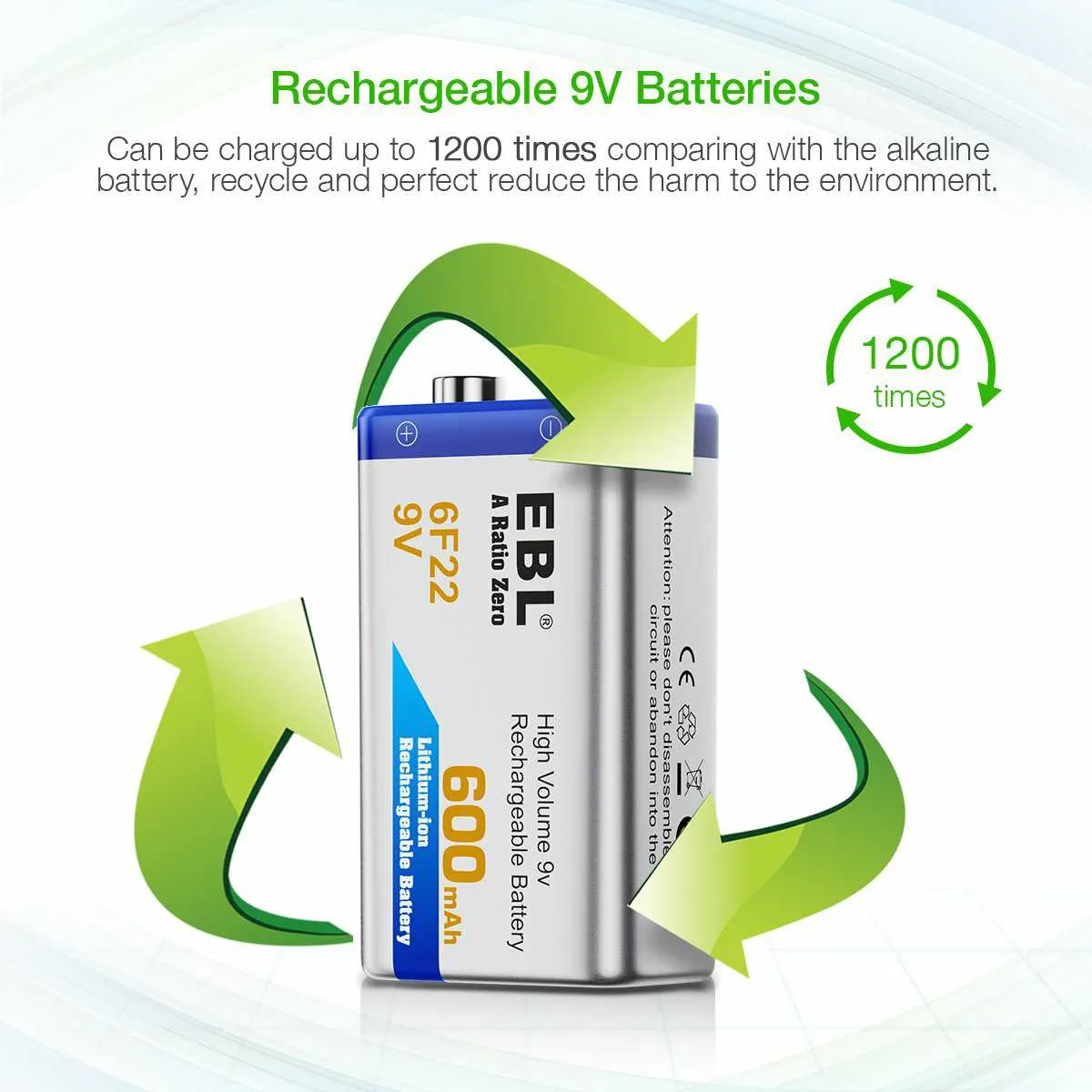 EBL 9V Li-ion Rechargeable Batteries 600mAh