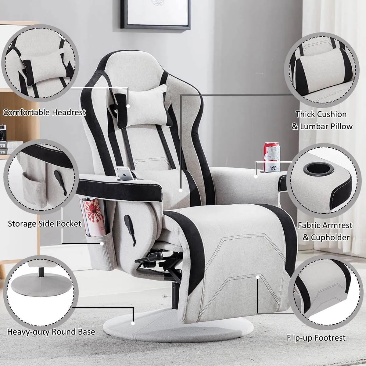Gaming Recliner, Best Reclining Gaming Chair Racing Style with Cup Holder, Adjustable Headrest & Lumbar Support, Gray