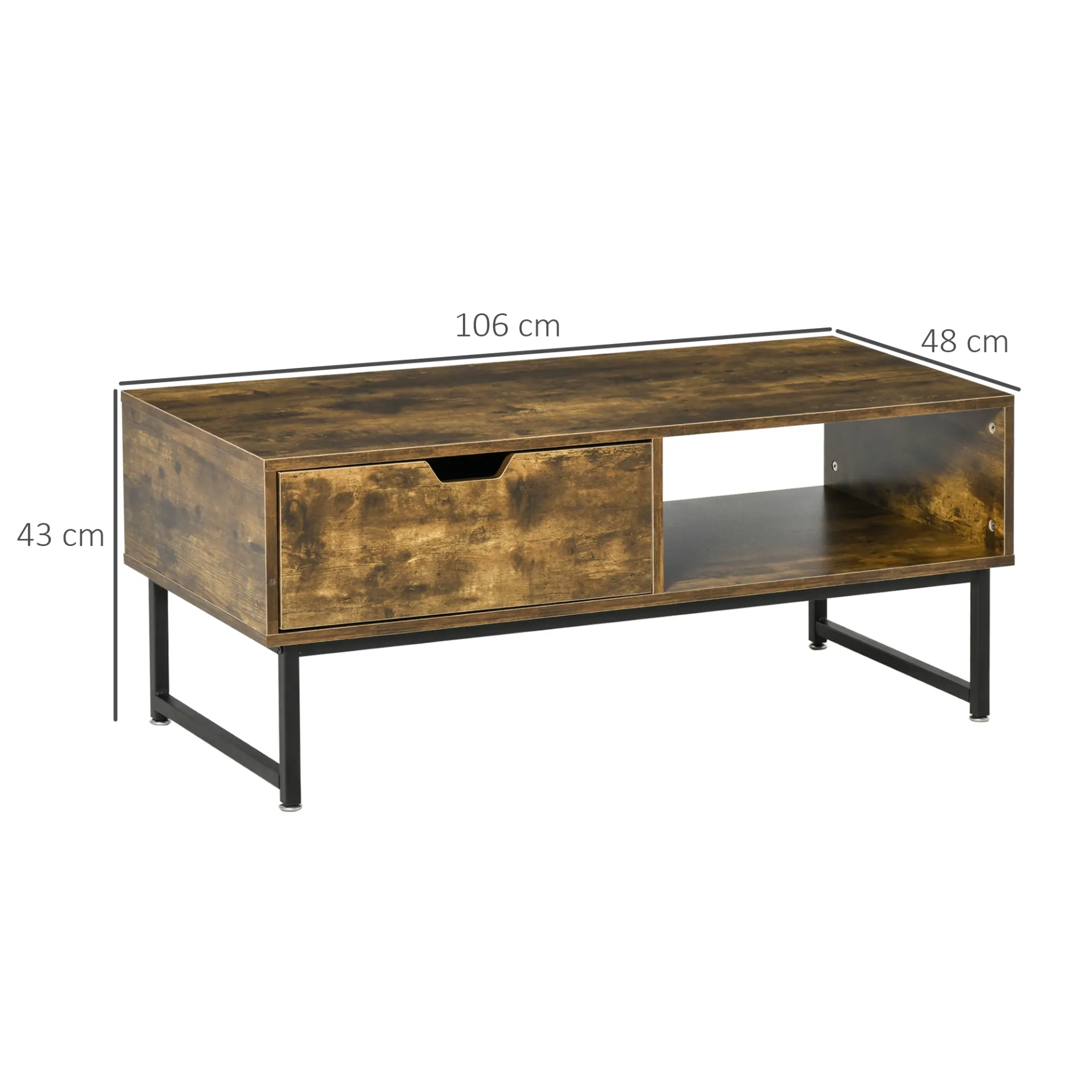HOMCOM Industrial Coffee Table | Wooden End Table with Shelf and Drawer