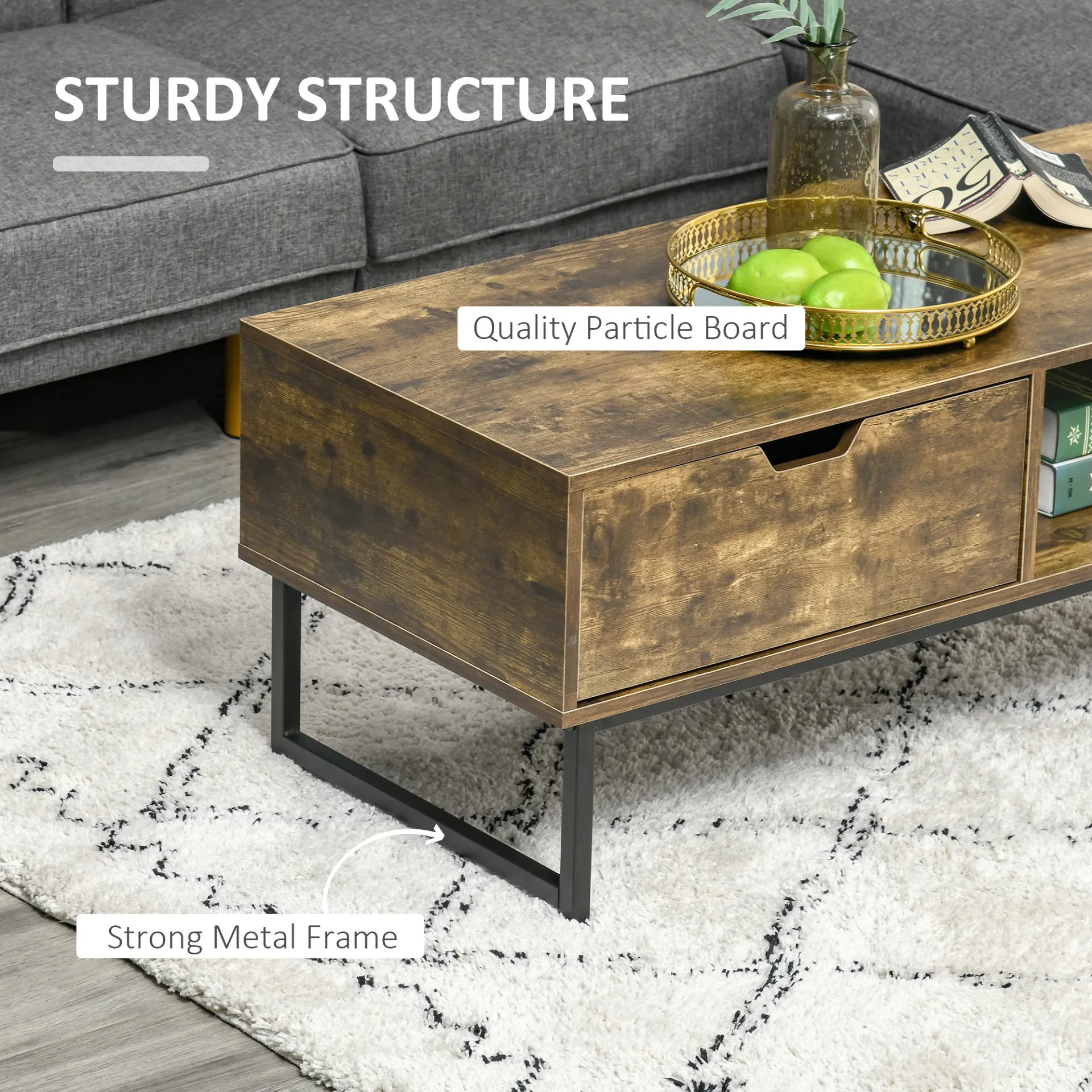 HOMCOM Industrial Coffee Table | Wooden End Table with Shelf and Drawer
