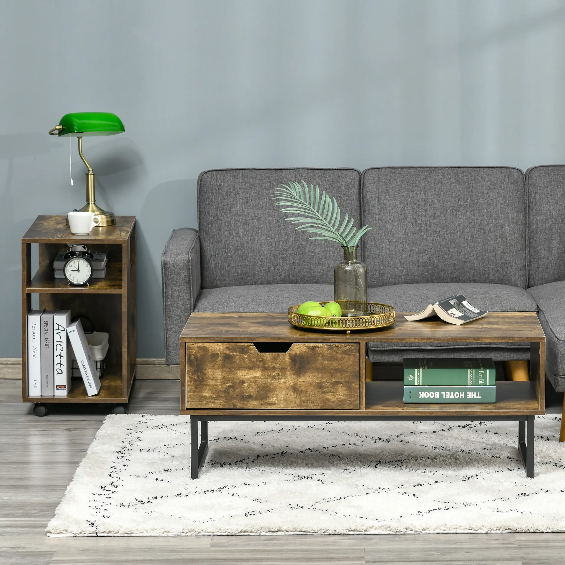 HOMCOM Industrial Coffee Table | Wooden End Table with Shelf and Drawer