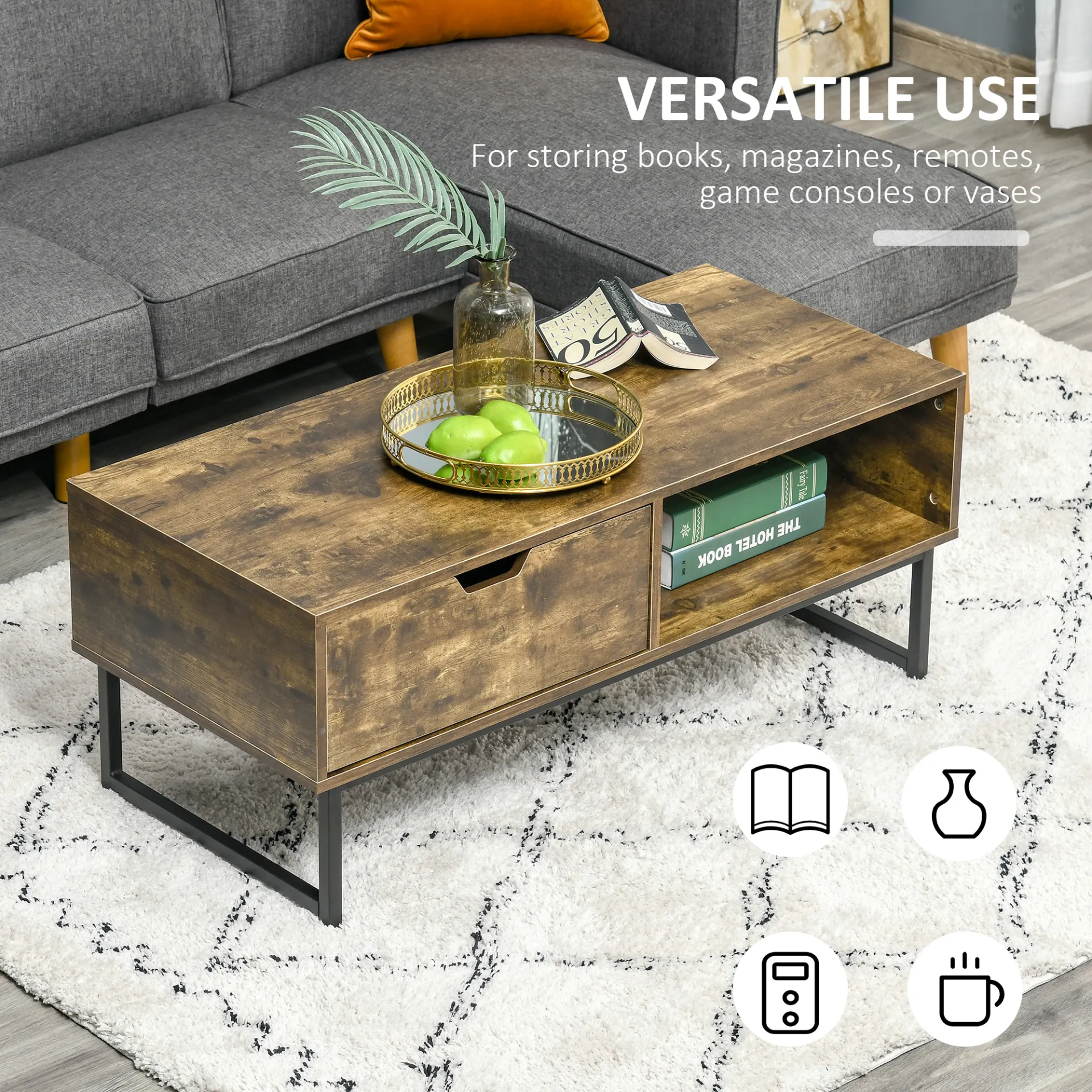 HOMCOM Industrial Coffee Table | Wooden End Table with Shelf and Drawer