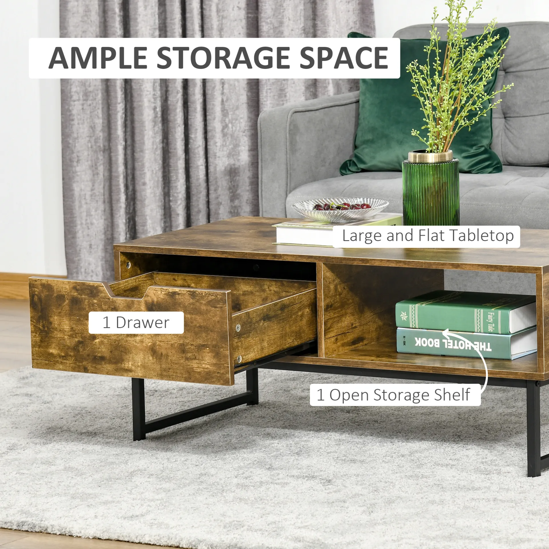 HOMCOM Industrial Coffee Table | Wooden End Table with Shelf and Drawer